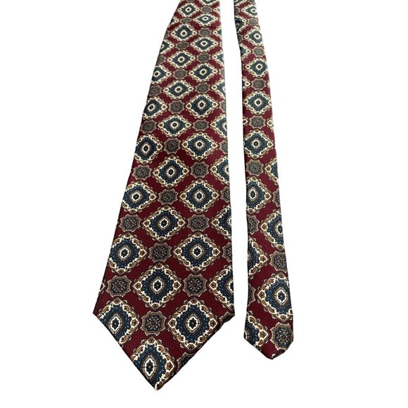 Boston Harbor Geo Pattern Burgendy Green Gold Silk Necktie Tie - Picture 1 of 5
